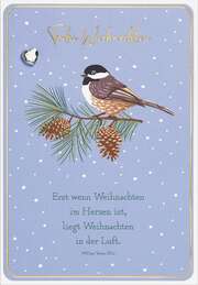 Faltkarte "Frohe Weihnachten"/Meise auf Zweig - Strassstein